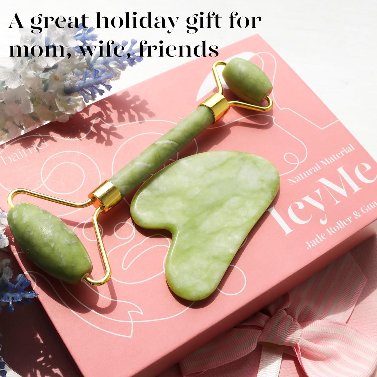 Icyme Gua Sha & Jade Roller Facial Tools Face Roller and Gua Sha Set for Puffiness and Redness Reducing Skin Care Routine, Self Care Gift for Men Women - Green